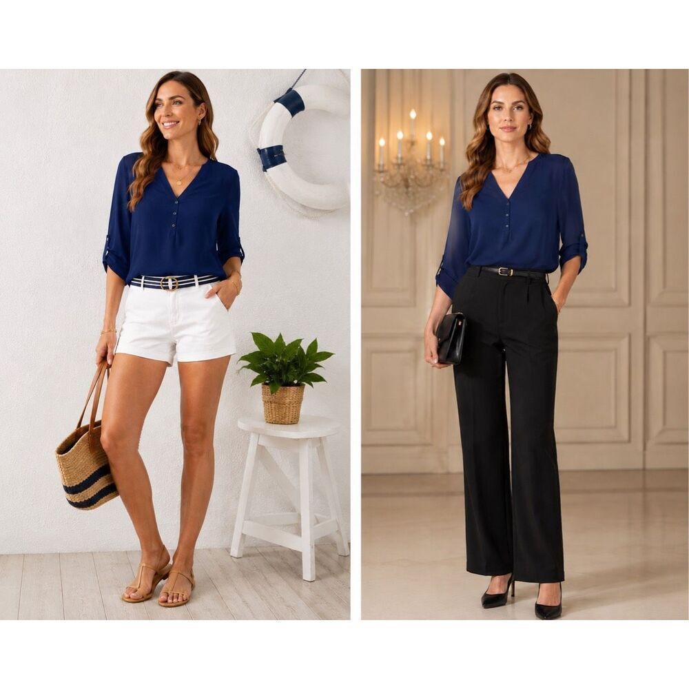 Norah NWOT Navy Semi Sheer Roll Tab Blouse | Button Back Detail | Medium B-10